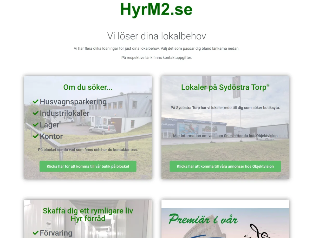 Skärmbild från websida som handlar om uthyrning av lokaler för hyrm2.se