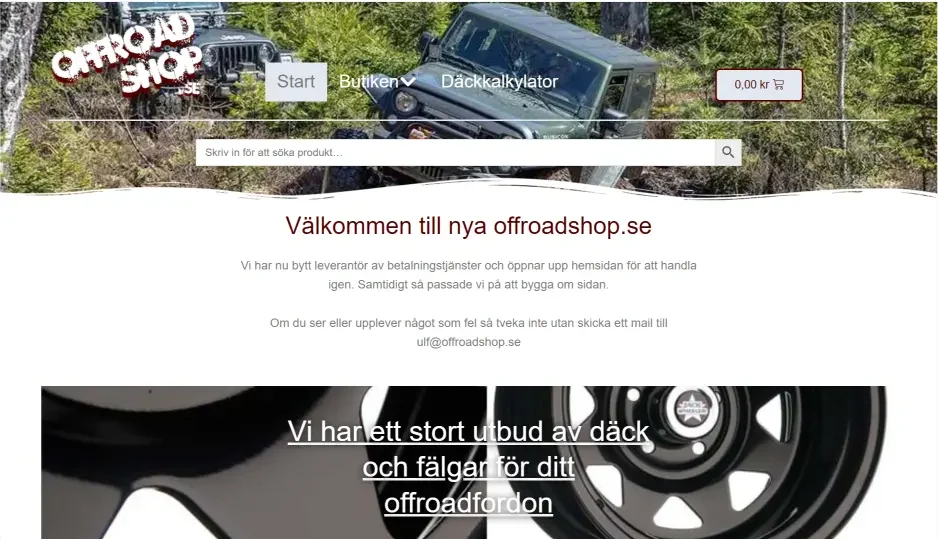 Bild på startsidan för offroadshop.se en webshop som specialiserar sig på däck och fälgar för offroadändamål.