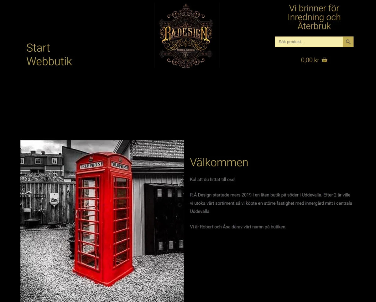 Skärmbild från Webshop som handlar om Heminredning och Återbruk